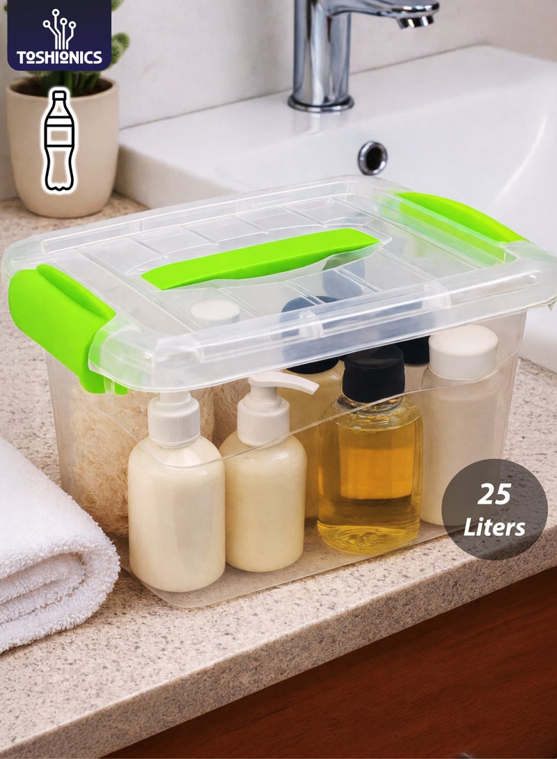 توشيونيكس صندوق تخزين بلاستيكي شفاف فاخر سعة 25 لترًا مع غطاء قابل للقفل ومقبض حمل وأقفال بمشبك - T114628 - صندوق منظم شفاف قابل للتكديس للملابس والألعاب والأدوات والوجبات الخفيفة وتخزين المنزل (41 × 30 × 23.5 سم) - Image 1